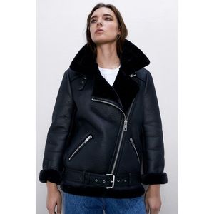 Zara Double-Faced Faux Shearling Black Biker Jacket Large